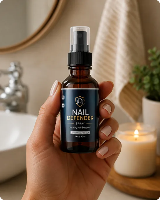 A hand holding a Nail Defender Spray bottle